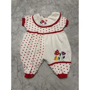 Baby Dior Vintage Romper White With Red Polka Dots & Embroidered Flowers 3 mon